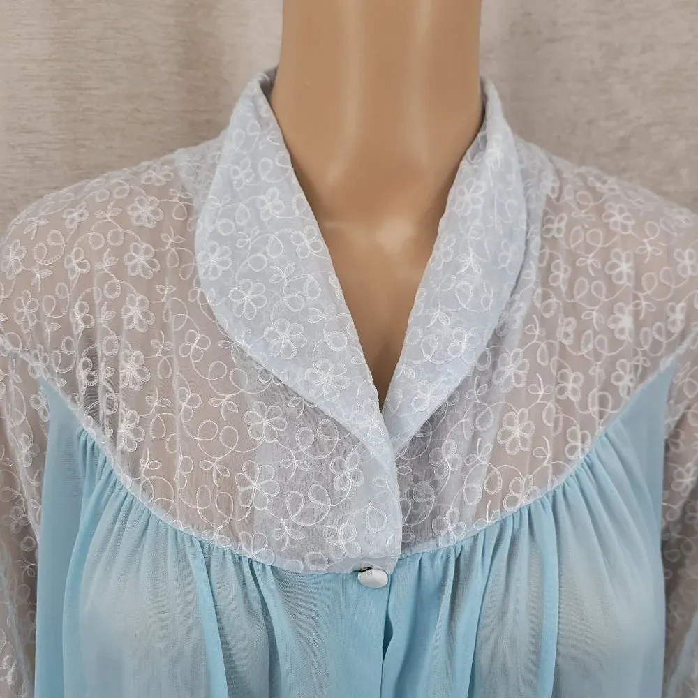 Tula Vintage 60s Light Blue Floral Embroidered Mesh Illusion Peignor Robe